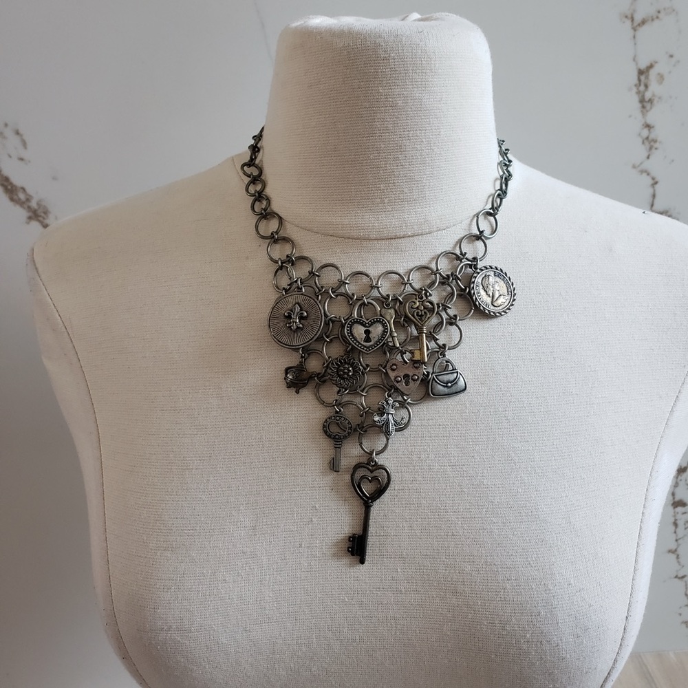 Silver-Tone Layered Charm Key Necklace for Women